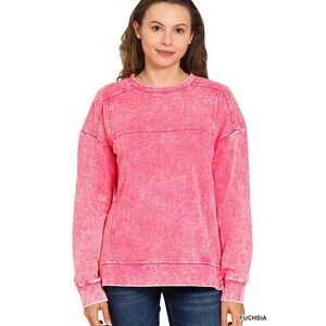 Zenana Acid Wash French Terry Exposed-Seam Pullover
